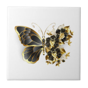Gold Flower Butterfly met Black Orchid Tegeltje