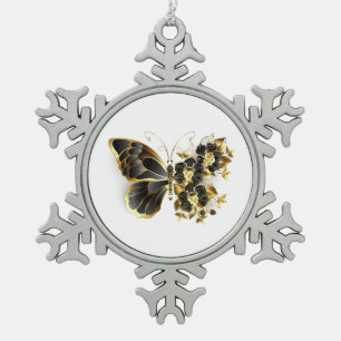 Gold Flower Butterfly met Black Orchid Tin Sneeuwvlok Ornament