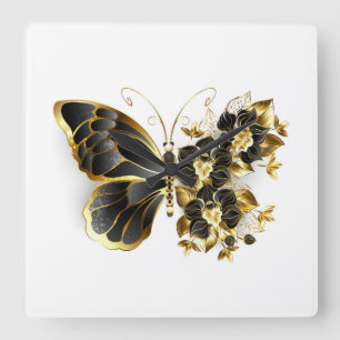 Gold Flower Butterfly met Black Orchid Vierkante Klok