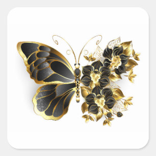 Gold Flower Butterfly met Black Orchid Vierkante Sticker