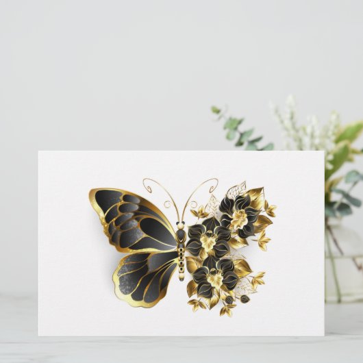 Gold Flower Butterfly with Black Orchid Briefpapier (Staand voorkant)