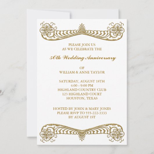 Gold Flower Scroll 50th Wedding Jubileum Party Kaart (Voorkant)
