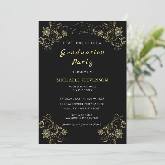 Gold Flowers Black Graduy Party Invitation Pet (Staand voorkant)