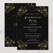 Gold Flowers Black Graduy Party Invitation Pet (Voorkant / Achterkant)