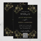Gold Flowers Black Weduwen Uitnodiging QR Code (Voorkant / Achterkant)