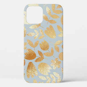 Gold flowers, blue background, foil imitation. iPhone 12 hoesje