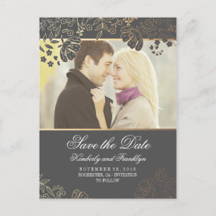 Gold Flowers Grey  Foto slaat de datum op Aankondigingskaart