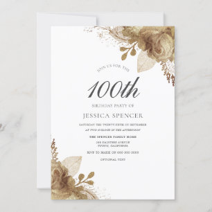 Gold Flowers Womans Mannen 100th Birthday Invite Kaart
