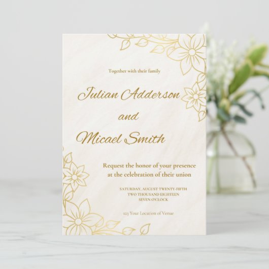 Gold Flowery Wedding invitation (Debout devant)