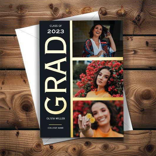 Gold Foil 3 Photo Collage Faire-part de graduation