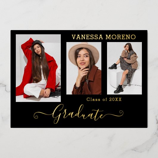 Gold Foil 3 Photo Moderne Calligraphie Carte BxW (Recto)