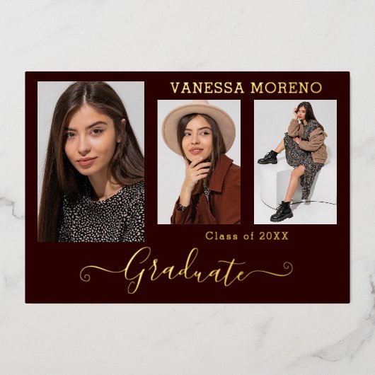 Gold Foil 3 Photo Moderne Calligraphie Carte Grad  (Recto)