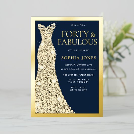 Gold Foil 40 & Fabulous 40ste verjaardagsfeestje Folie Uitnodiging (Staand Voorkant)