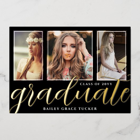 Gold Foil Afstuderen Script 3-Photo Afstuderen Folie Uitnodiging (Voorkant)