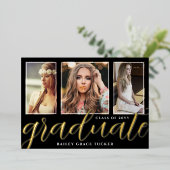 Gold Foil Afstuderen Script 3-Photo Afstuderen Folie Uitnodiging (Staand Voorkant)