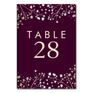 Gold Foil Baby's Breath Plum Wedding Table Numbers Kaart