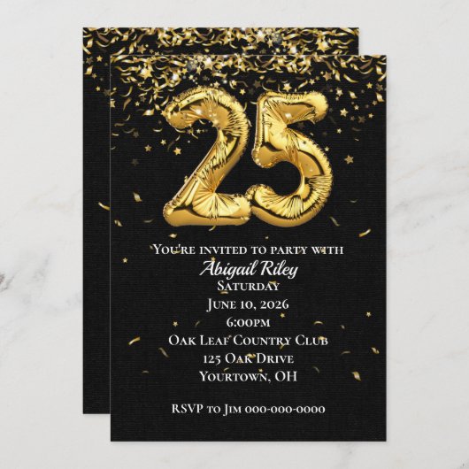 Gold Foil Ballons 25e anniversaire Invitation de f (Devant / Derrière)