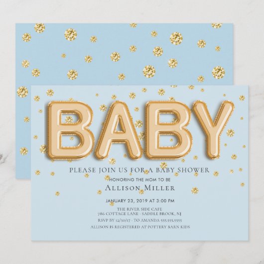 Gold Foil Ballons garçons Baby shower Invitation (Devant / Derrière)