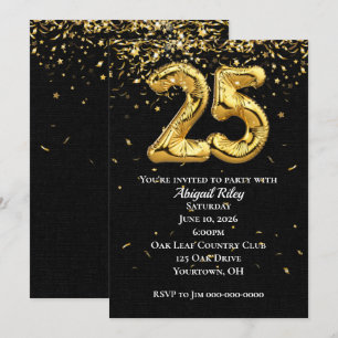 Gold Foil Balloons 25th Birthday Party Invitation Kaart
