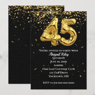 Gold Foil Balloons 45th Birthday Party Invitation Kaart