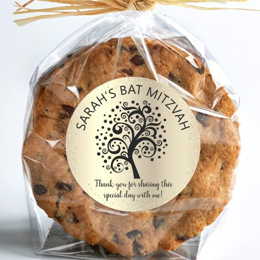 Gold Foil Bat Mitzvah Black Tree of Life Script Ronde Sticker