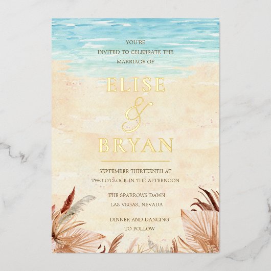 Gold Foil Beachy Boho Bohemian Beach Wedding Folie Uitnodiging (Voorkant)