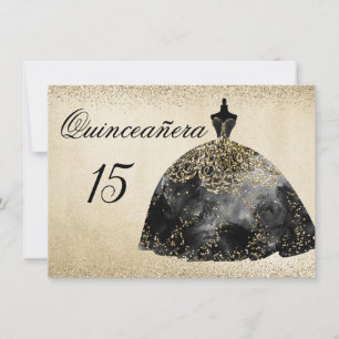 Gold Foil Black Dress Quinceanera-uitnodiging Kaart