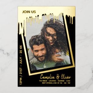 GOLD FOIL Black FOTO Wedding QR Code Driving Folie Uitnodiging