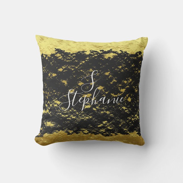 Gold Foil Black Glittery Sparkles Monogram Initiaa Buitenkussen (Voorkant)