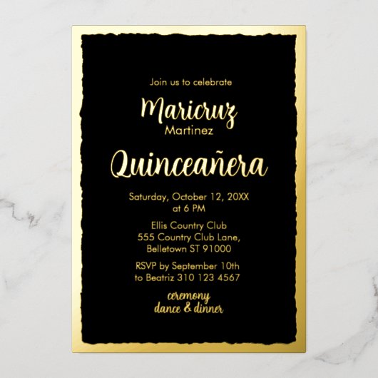 Gold Foil Black Quinceañera Photo Invitation (Recto)
