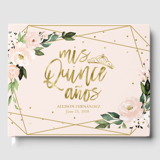 Gold Foil Blush Pink Floral Quinceanera Guest Book Gastenboek (Voorkant)