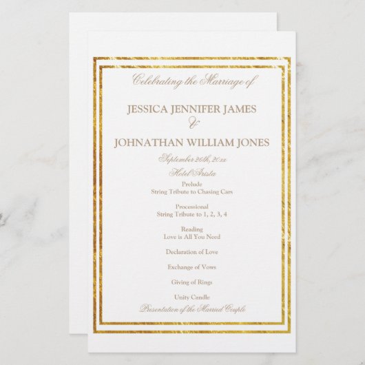 Gold Foil Bordure Élégant programme de mariage de  (Devant / Derrière)