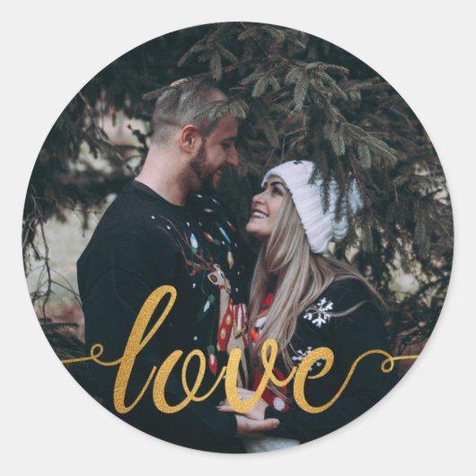 Gold Foil Calligraphic Script Love Custom Photo Ronde Sticker (Voorkant)