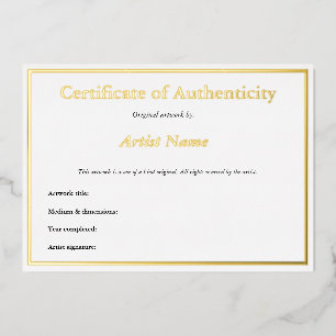 Gold Foil Certificate of Authenticity for Art Folie Uitnodiging