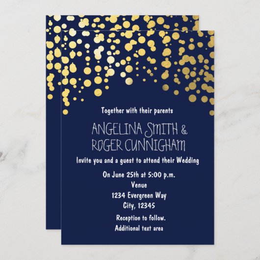 Gold Foil Confetti Marine Faire-part de mariage bl (Devant / Derrière)