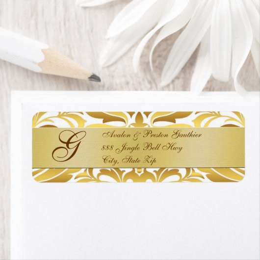 Gold Foil Damask Monogram New Years Adresetiket Etiket (Insitu)
