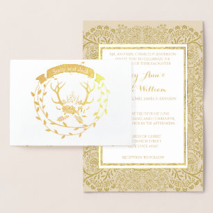 Gold Foil Deer Antler Wreath Wedding Invitations