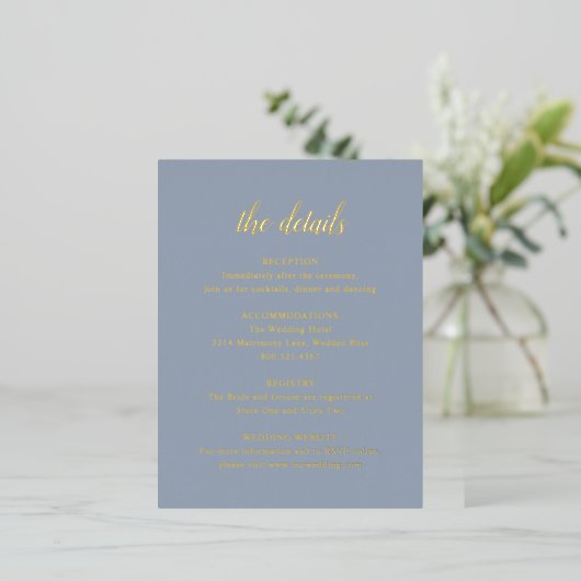 Gold Foil Dusty Blue Weddenschap Enclosure Card Folie Uitnodiging Briefkaart (Staand Voorkant)