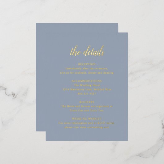Gold Foil Dusty Blue Weddenschap Enclosure Card Folie Uitnodiging Briefkaart (Voorkant / Achterkant)