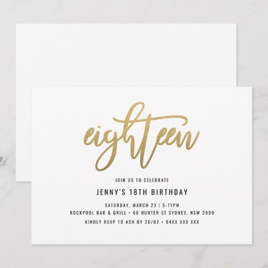 Gold Foil-effect 18th Birthday Invitation Kaart (Voorkant / Achterkant)