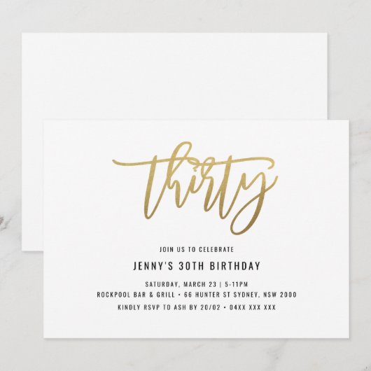 Gold Foil Effect 30th Birthday Invitation Kaart (Voorkant / Achterkant)