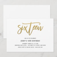 Gold Foil Effet 16e anniversaire Invitation