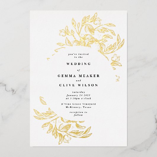 Gold Foil Elegant Hand Drawn Botanical Wedding Folie Uitnodiging (Voorkant)
