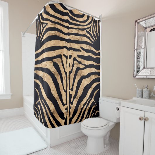 Gold Foil en Black Zebra Print Shower Curtain Douchegordijn (In situ)