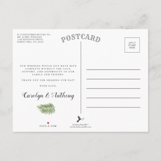 Gold Foil en Green Palm Leaf Beach Weddenschap Aankondigingskaart (Achterkant)