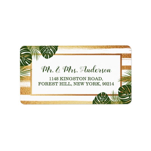 Gold Foil en Green Palm Leaf Beach Weddenschap Etiket (Voorkant)