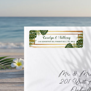 Gold Foil en Green Palm Leaf Beach Weddenschap Etiket