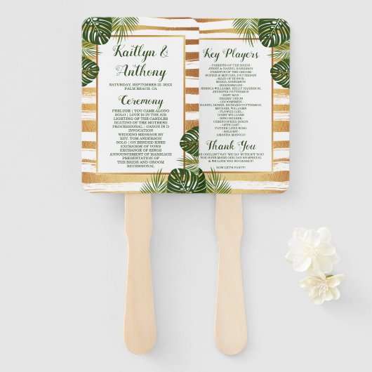 Gold Foil en Green Palm Leaf Beach Weddenschap Handwaaier (Voorkant en achterkant)