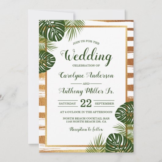 Gold Foil en Green Palm Leaf Beach Weddenschap Kaart (Voorkant)