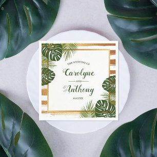 Gold Foil en Green Palm Leaf Beach Weddenschap Servet